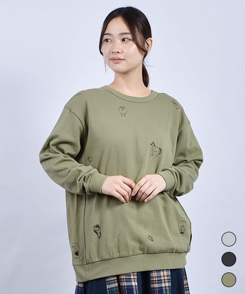 drug store's 裏毛 総柄刺繍 リブ トレーナー