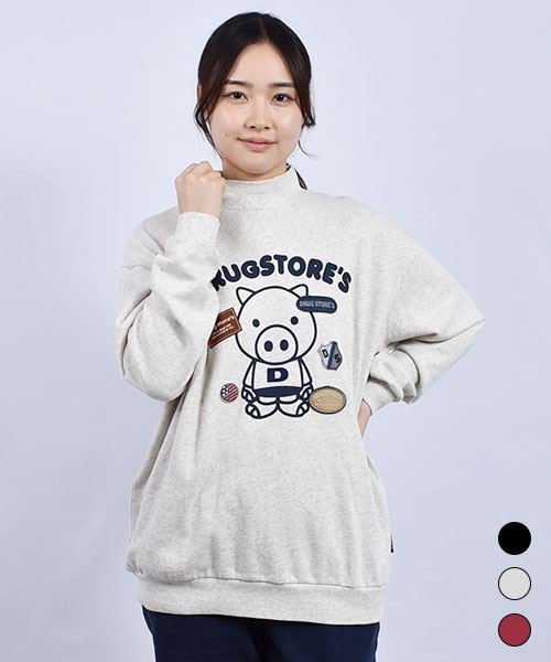 drug store's 裏毛 スタンディプリント&フェルトワッペン リブハイネック トレーナー