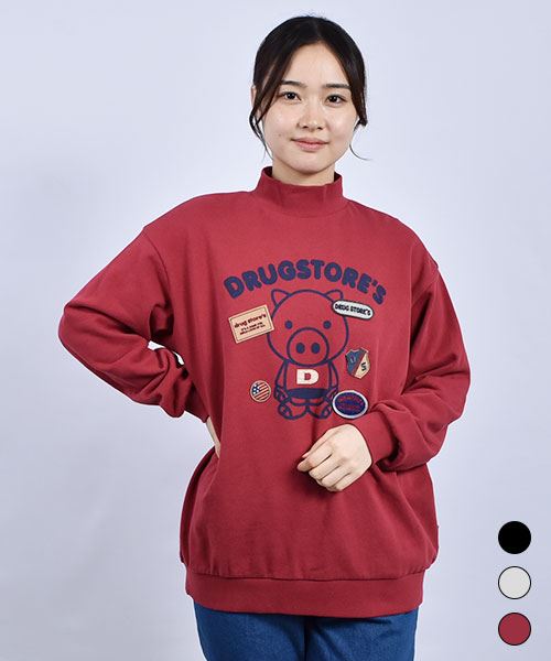 drug store's 裏毛 スタンディプリント&フェルトワッペン リブハイネック トレーナー