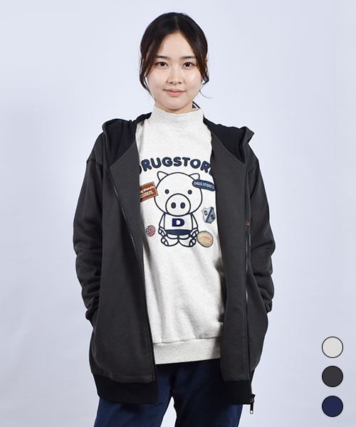 drug store's 裏毛 アップリケ&フェルトワッペン 配色 リブ パーカー