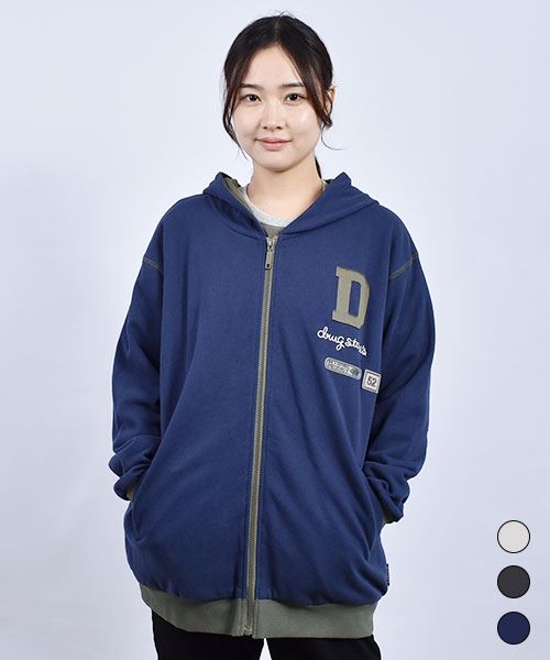 drug store's 裏毛 アップリケ&フェルトワッペン 配色 リブ パーカー