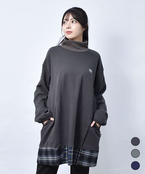 【スウェット トレーナー / 裏毛】 ハイネック チェック チュニック