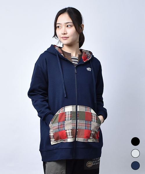 【パーカー / 裏起毛】 パッチワーク風 パーカー