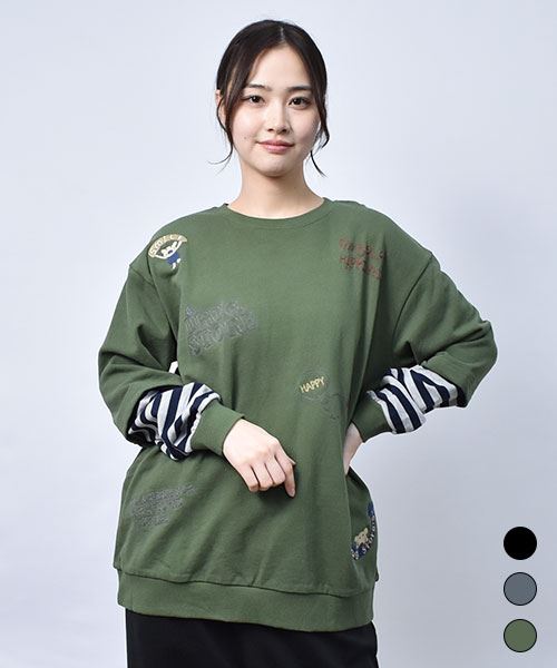 【スウェット トレーナー】 重ね着風 ボーダー トレーナー