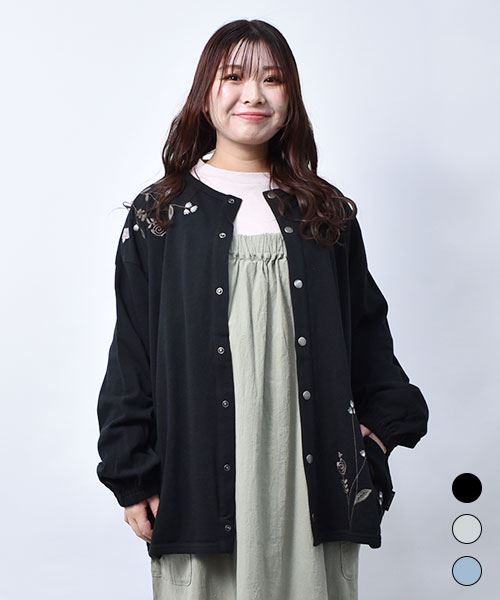 【カーディガン】 花刺繍 パフ袖 カーディガン