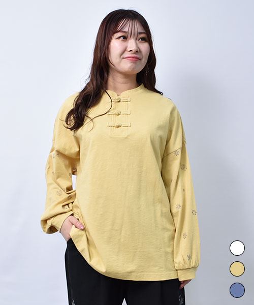 【シャツ】 チャイナボタン 袖刺繍 シャツ