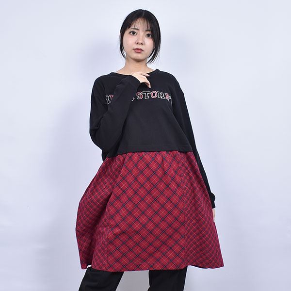 drug store's OE裏毛 重ね着風 チェック切替 ハートン＆ロゴ刺繍 ワンピース