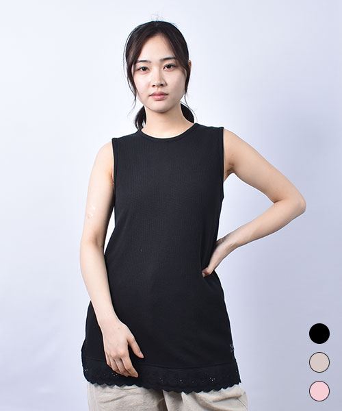 drug store's ワッフル 裾レース切替 ブタ刺繍 タンクトップ