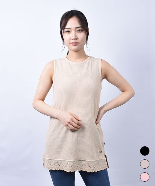 drug store's ワッフル 裾レース切替 ブタ刺繍 タンクトップ