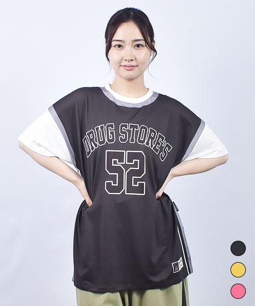 drug store's スポーツメッシュ バスケットボールユニフォーム風プリント 丈長スリットT