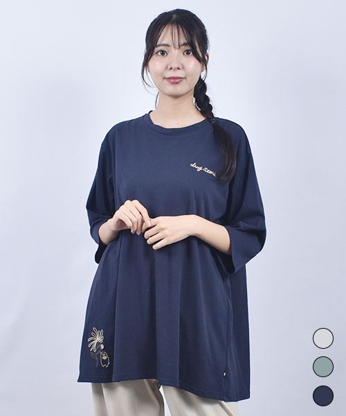 drug store's 32/-天竺 刺繍 後ろギャザー Aライン T