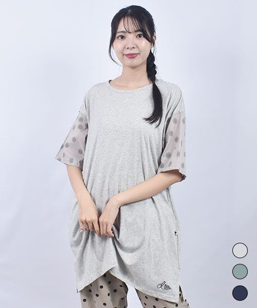 drug store's 32/-天竺 袖花柄プリント 刺繍 Aライン チュニック