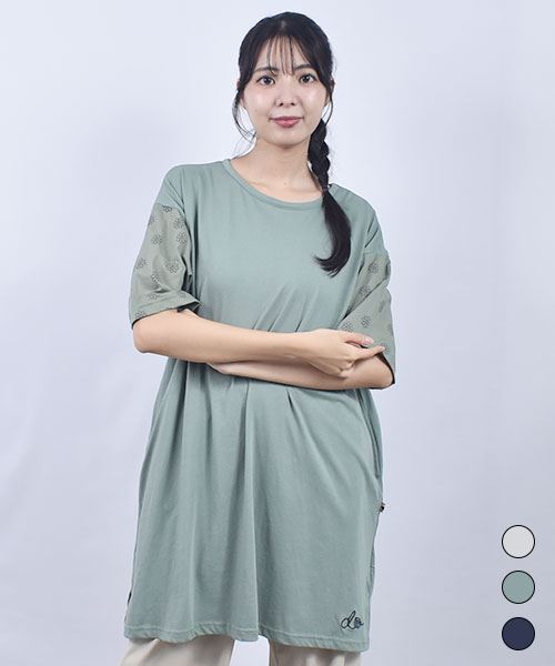 drug store's 32/-天竺 袖花柄プリント 刺繍 Aライン チュニック