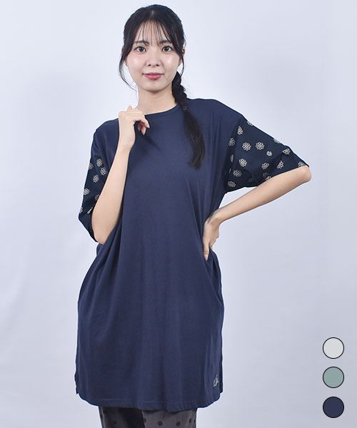 drug store's 32/-天竺 袖花柄プリント 刺繍 Aライン チュニック