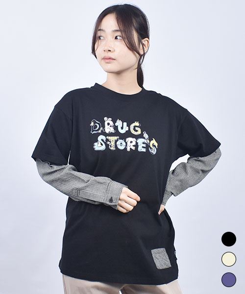 drug store's 20/-天竺 ロゴプリント 重ね着風 Tシャツ
