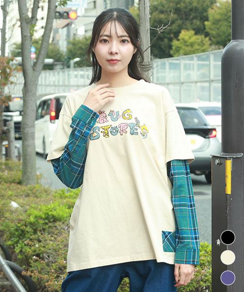 drug store's 20/-天竺 ロゴプリント 重ね着風 Tシャツ