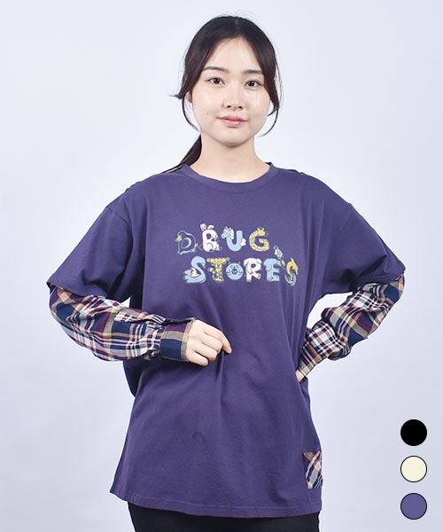 drug store's 20/-天竺 ロゴプリント 重ね着風 Tシャツ