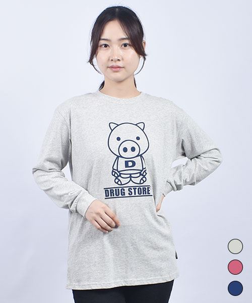 drug store's 20/-天竺 リブ衿袖  スタンディフロント&バックプリント セットイン ロンT