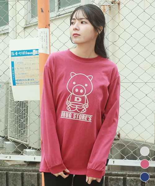 drug store's 20/-天竺 リブ衿袖  スタンディフロント&バックプリント セットイン ロンT