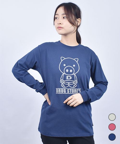 drug store's 20/-天竺 リブ衿袖  スタンディフロント&バックプリント セットイン ロンT