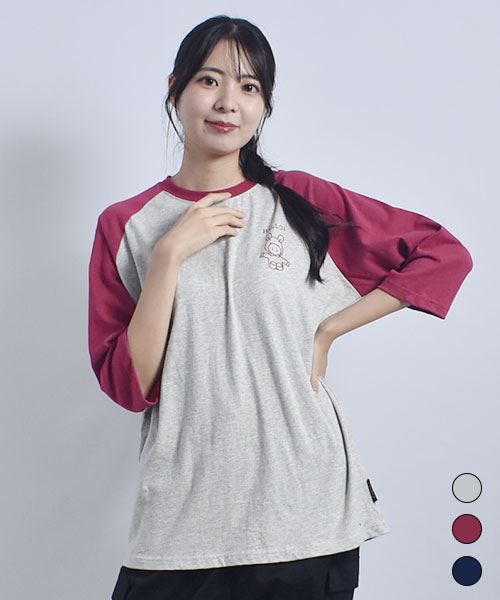 drug store's 20/-OE天竺 リブ衿 バックブタプリント 配色 7分袖 ラグランT