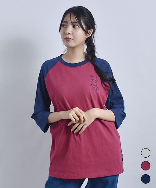 drug store's 20/-OE天竺 リブ衿 バックブタプリント 配色 7分袖 ラグランT