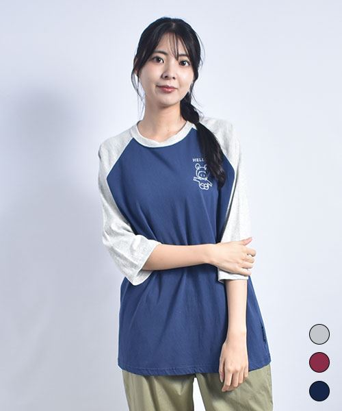 drug store's 20/-OE天竺 リブ衿 バックブタプリント 配色 7分袖 ラグランT