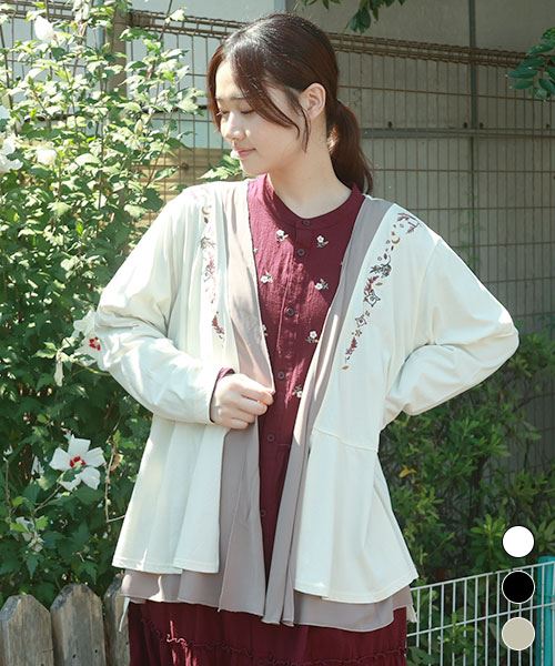 drug store's セミシルケット天竺 花刺繍 フレア カーディガン