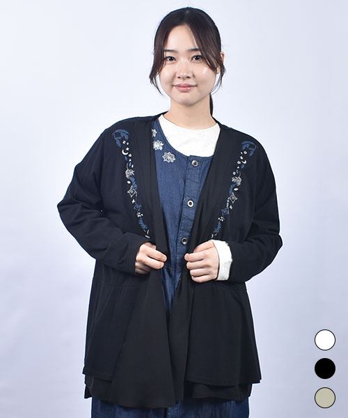 drug store's セミシルケット天竺 花刺繍 フレア カーディガン