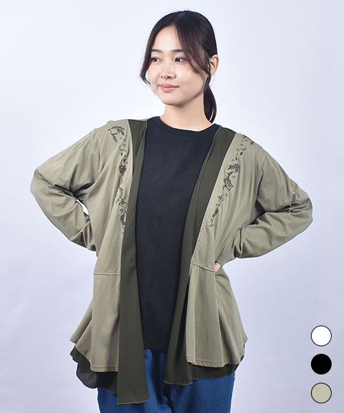 drug store's セミシルケット天竺 花刺繍 フレア カーディガン