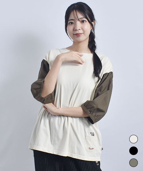 drug store's セミシルケット天竺 バックボタン開き ブタ刺繍 別布袖ギャザー Ｔ