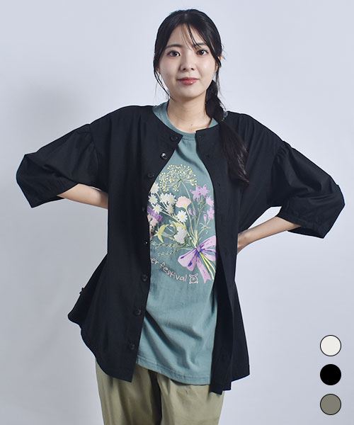 drug store's セミシルケット天竺 バックボタン開き ブタ刺繍 別布袖ギャザー Ｔ