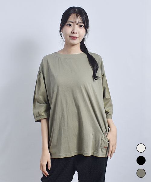 drug store's セミシルケット天竺 バックボタン開き ブタ刺繍 別布袖ギャザー Ｔ
