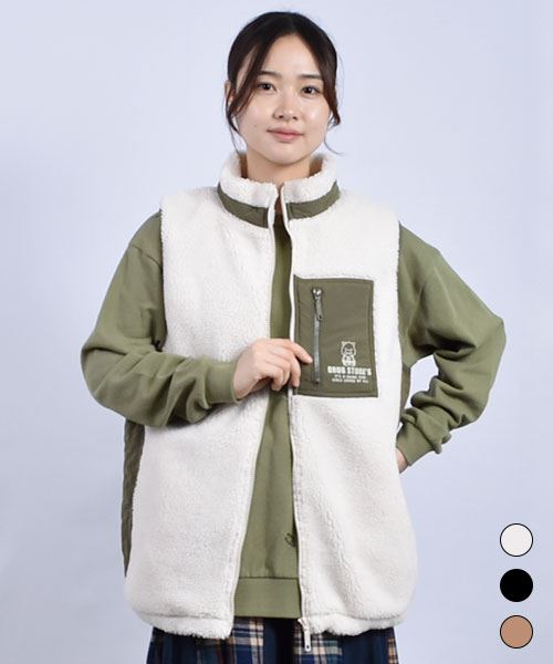 drug store's 脇切替 スタンドカラーブタプリントポケット ボア ベスト