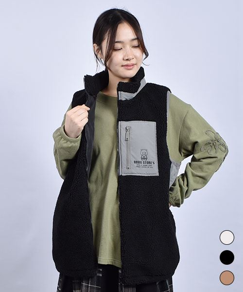 drug store's 脇切替 スタンドカラーブタプリントポケット ボア ベスト