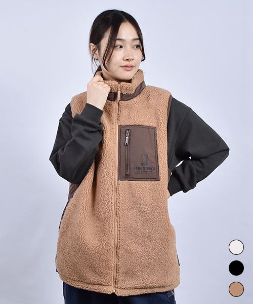 drug store's 脇切替 スタンドカラーブタプリントポケット ボア ベスト