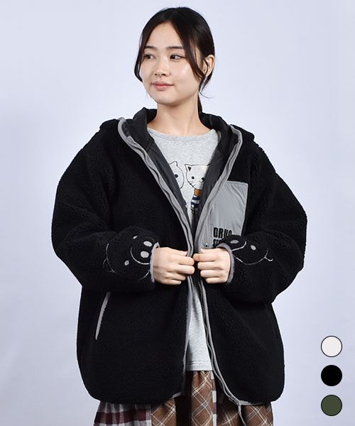 drug store's 袖スタンディ刺繍 胸ポケットつき ボア ブルゾン