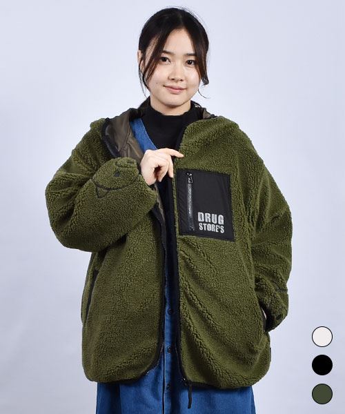 drug store's 袖スタンディ刺繍 胸ポケットつき ボア ブルゾン