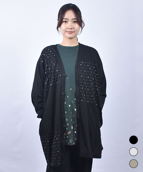 drug store's T/C天竺 総柄プリント ハギハギ ロング カーディガン