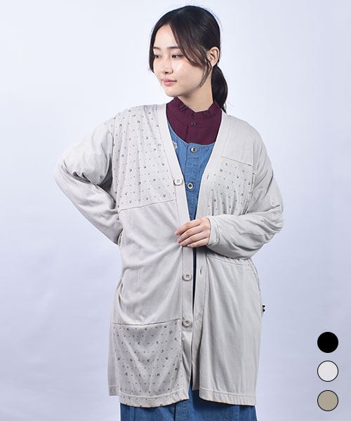 drug store's T/C天竺 総柄プリント ハギハギ ロング カーディガン