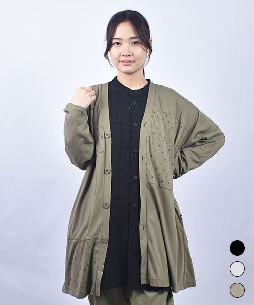 drug store's T/C天竺 総柄プリント ハギハギ ロング カーディガン