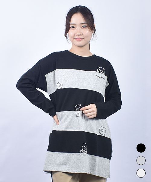 drug store's 18/-天竺 ハートン＆スタンディ刺繍 ボーダー切替 Aライン T