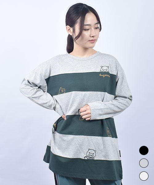 drug store's 18/-天竺 ハートン＆スタンディ刺繍 ボーダー切替 Aライン T