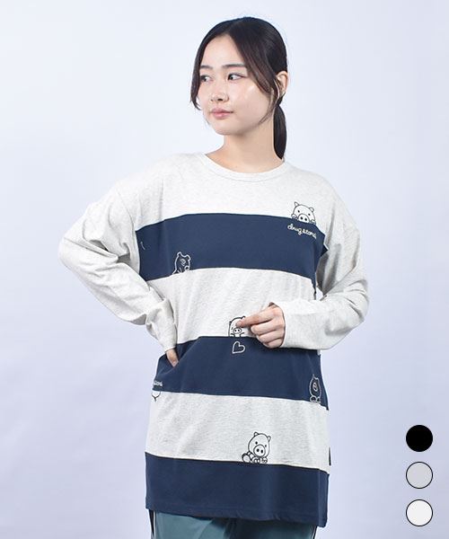 drug store's 18/-天竺 ハートン＆スタンディ刺繍 ボーダー切替 Aライン T