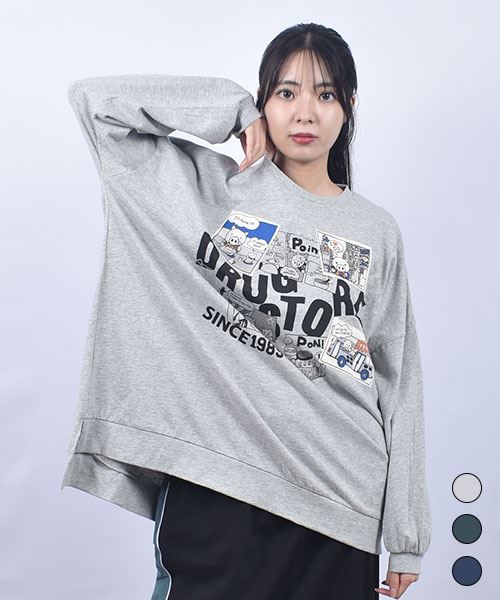 drug store's 18/-天竺 プリント&アップリケ 段違い丈 BIG リブ ロンＴ