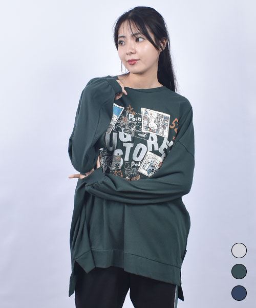 drug store's 18/-天竺 プリント&アップリケ 段違い丈 BIG リブ ロンＴ