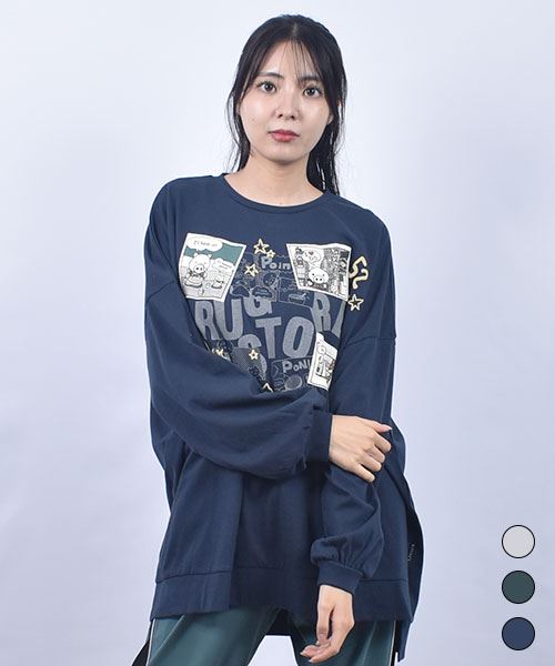 drug store's 18/-天竺 プリント&アップリケ 段違い丈 BIG リブ ロンＴ