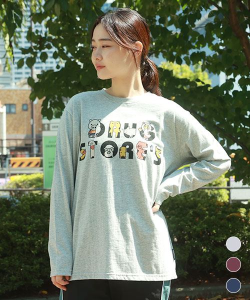 drug store's 18/-天竺 ロゴ＆オールキャストプリント 定番 セットイン リブ衿 ロンT