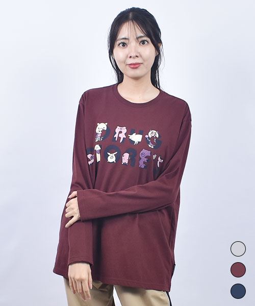 drug store's 18/-天竺 ロゴ＆オールキャストプリント 定番 セットイン リブ衿 ロンT