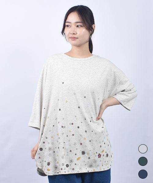 drug store's 18/-天竺 花プリント 裾ラウンド 7分袖  チュニック